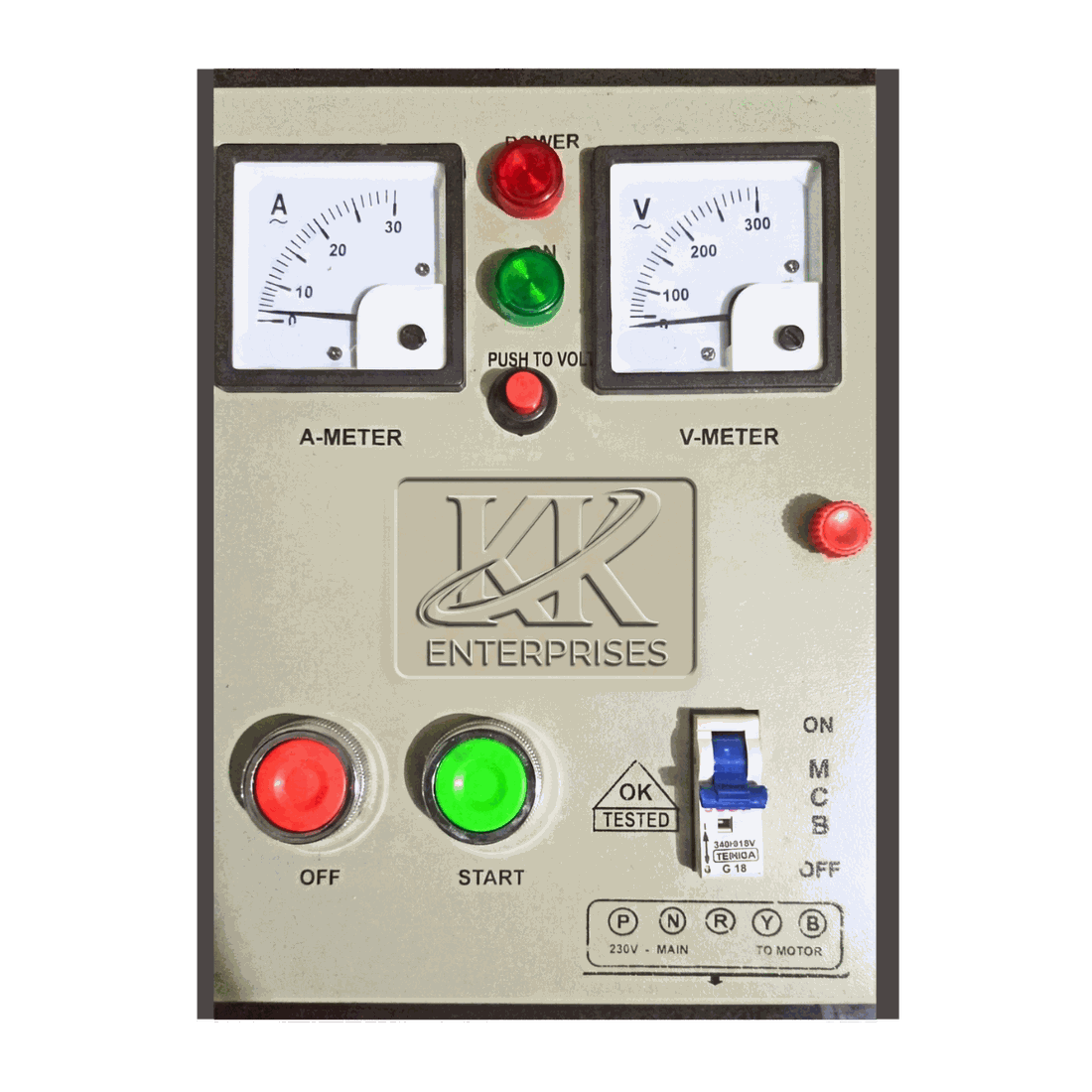 Submersible pump control panel with ammeter, voltmeter, start-stop buttons and MCB